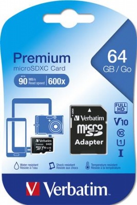 Memóriakártya, microSDXC, 64GB, CL10/U1, 90/10 MB/s, adapter, VERBATIM "Premium"